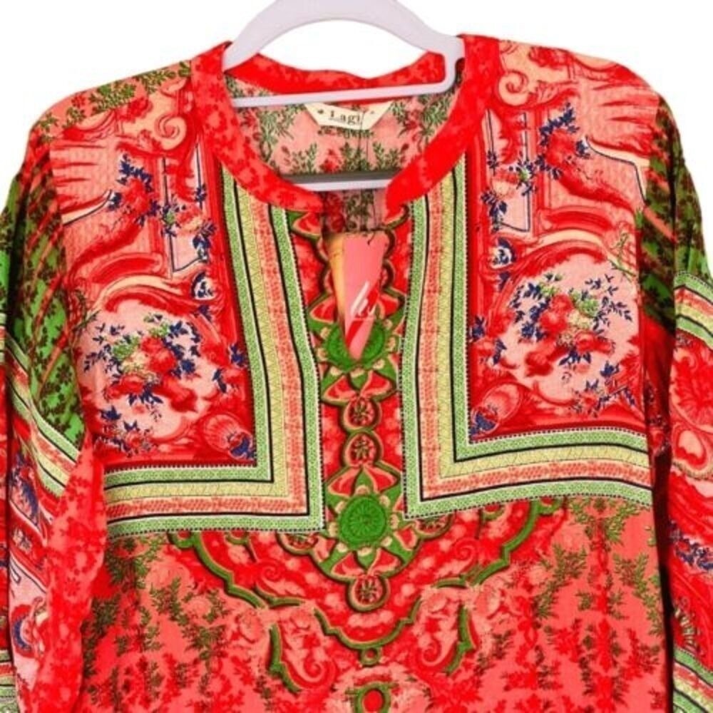 NWT Indian Kurta Kurti Lagi Red Floral Relaxed Long-Line Tunic Blouse Top โ SZ M - Picture 2 of 12
